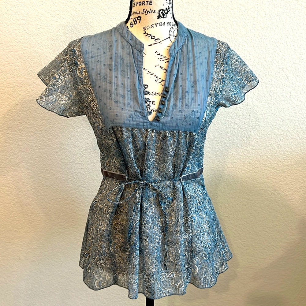 American Rag Blouse with flutter sleeves, velvet ribbon around waist & front tie
